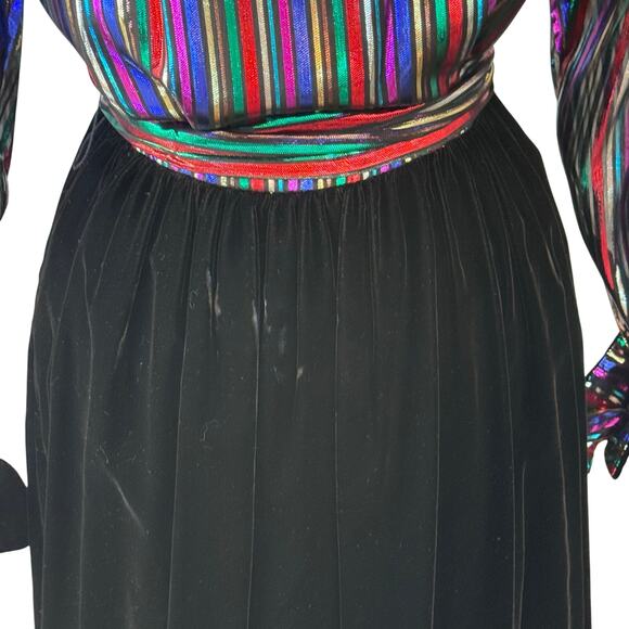 Christa New York Vintage Metallic Striped Velvet Gown Maxi Shirt Dress Size 10 - Picture 14 of 16